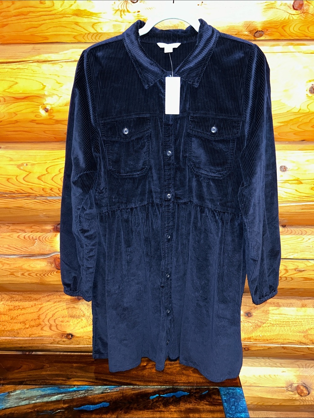 American Eagle NWT Corduroy Babydoll Button Down Mini Dress Size L Tall in Navy